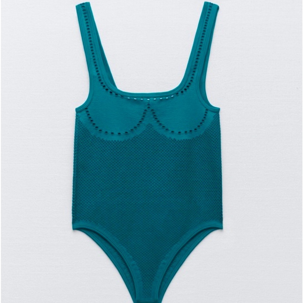 Zara M/L Teal Blue Perforated Seamless Contour Collection Bodysuit Crochet Knit